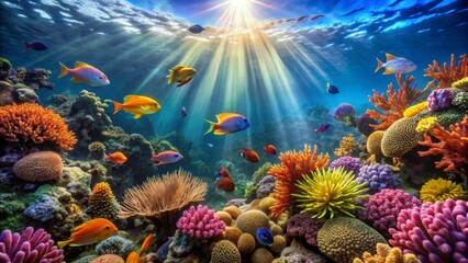 Vibrant Coral Reef Scene with Colorful Fish in Sunlit Waters