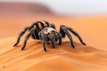 A bold tarantula walking across a desert landscape, with the sand grains creating a vivid backdrop