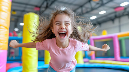 Happy girl jumping trampoline indoor play area
