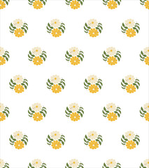Vector a repeating pattern of stylized daisies in warm yellow and soft white, accented with fresh green leaves. Illustration.