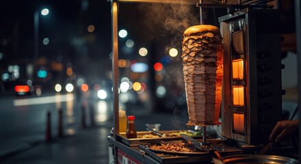 Turkish Doner Kebap on a grill stand, close-up shot