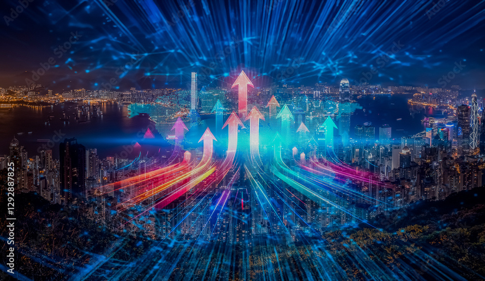 Poster hong kong cityscape at night, illuminated by digital arrows pointing upwards, representing business 