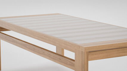Teak wood chairs couch and table in a room. The chairs are wooden and have a simple design. The couch is also made of wood and has a comfortable look. The room has a minimalist premium photo 3d render