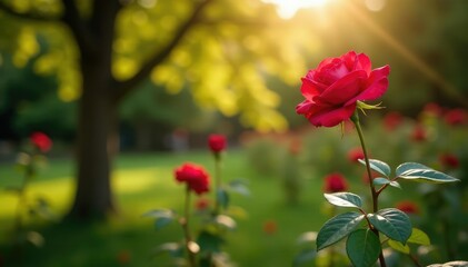Mature red rose bush with long stems and full bloom in sunlight, branches, mature tree, garden