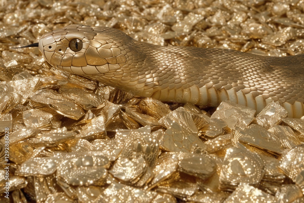 Poster a golden snake rests atop a shimmering pile of gold-like objects, creating a striking contrast betwe
