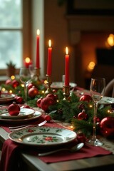 Naklejka premium merry red and green ornaments adorn the tablecape, sparkling candles, christmas ornaments, holiday feast