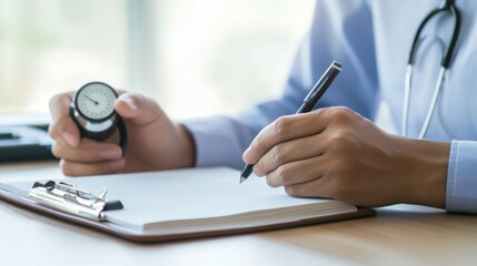 Hypertension patient writing in a health journal in a quiet study. Featuring mindfulness and reflection