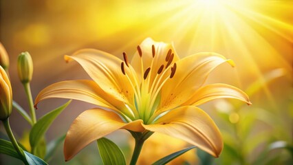 Obraz premium Bright sunny yellow petals of a lily flower unfolding slowly in warm gentle light , nature, delicate, nature, delicate, yellow