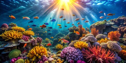 Fototapeta premium Vibrant Underwater Scene with Colorful Coral and Exotic Fish