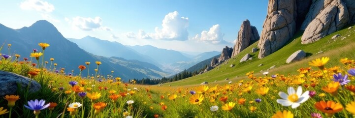 Rocky outcroppings and wildflowers in a sunny meadow, earthy tones, wildflowers