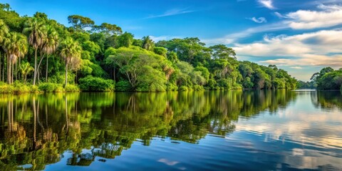 Fototapeta premium Dense foliage and towering trees surround a tranquil freshwater lake in the heart of the Orinoco Delta , nature, trees, nature, trees