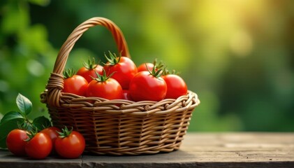 Wicker basket filled with freshly picked tomatoes , nature, healthy food