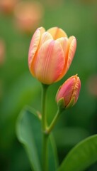 Soft peach-colored flower buds on a lush green stem, spring bloom, greenery, peach flowers