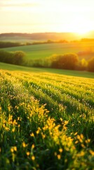 Obraz premium Golden Hour Sunset Over Rolling Green Hills and Wheat Field