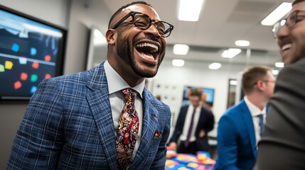 International Fun At Work Day, diverse group of colleagues laughing, playing games, and collaborating in a modern office space, bright and cheerful atmosphere