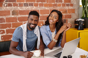 Portrait, smile and couple with coffee, cafe and happy on date in morning, romance and bonding in shop. Store, care and black people in relationship with latte, joy and commitment for love in Kenya
