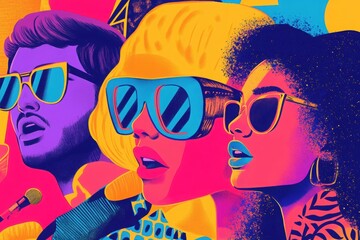 Vibrant Pop Trio: Captivating pop art style illustration of a dynamic trio, each member radiating individuality through bold colors and striking sunglasses, capturing the energy of a live performance.