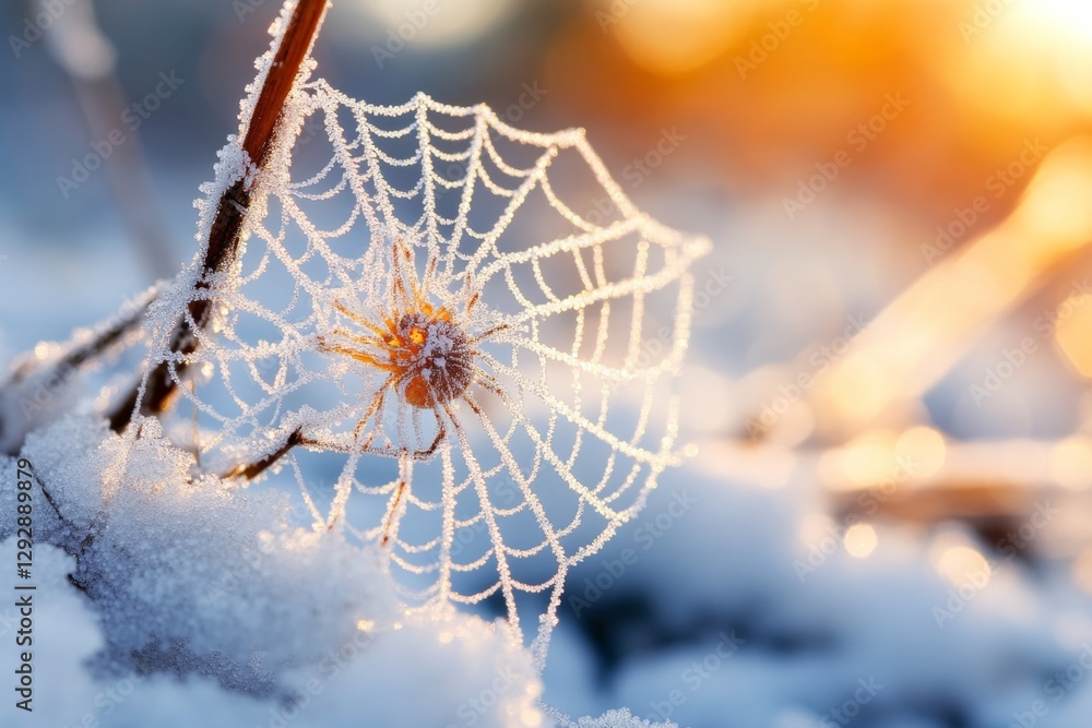 Wall mural a close-up of a spider web covered in frost, with intricate patterns sparkling in the cold morning l