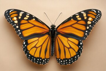 Fototapeta premium A close-up of a vibrant monarch butterfly resting on a sunflower, with its intricate wing patterns clearly visible