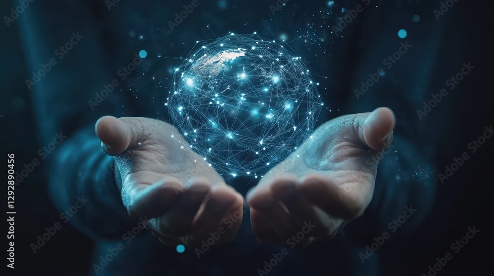 Poster hands holding a digital sphere representing data connectivity in a dark background with bright parti