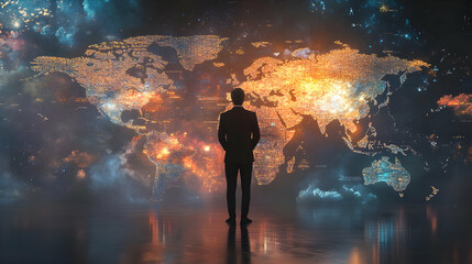 A businessman stands before a digital world map, contemplating global connections and opportunities.