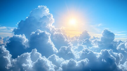 Sunlight shining through fluffy clouds in a bright blue sky, creating a serene and uplifting atmosphere. Nature and tranquility concept