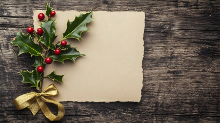 A festive arrangement featuring holly leaves and berries next to a blank rustic paper, perfect for holiday greetings.