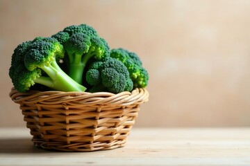 A bunch of fresh broccoli in a natural woven basket, fresh, natural, produce