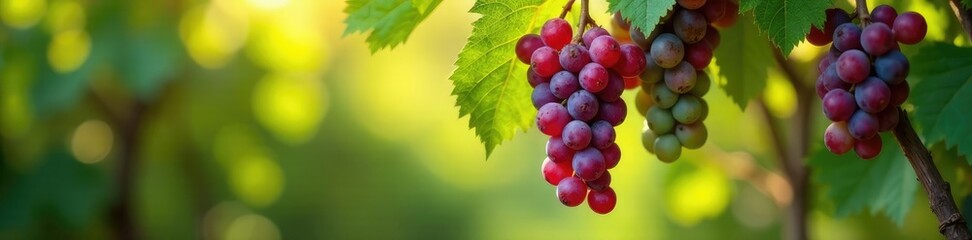 Fototapeta premium A bunch of grapes hanging from a vine with wisher, abundance, lush, juicy