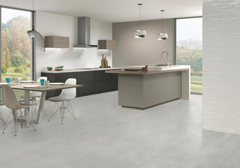 3D Render of Stylish Modern Kitchen with Central Island, Contemporary Dining Table, and Abundant Natural Light