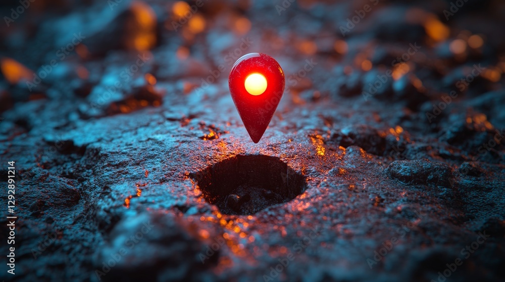 Aufkleber Red location pin glowing on rocky surface in low light, symbolizing navigation and technology. Travel and direction concept
