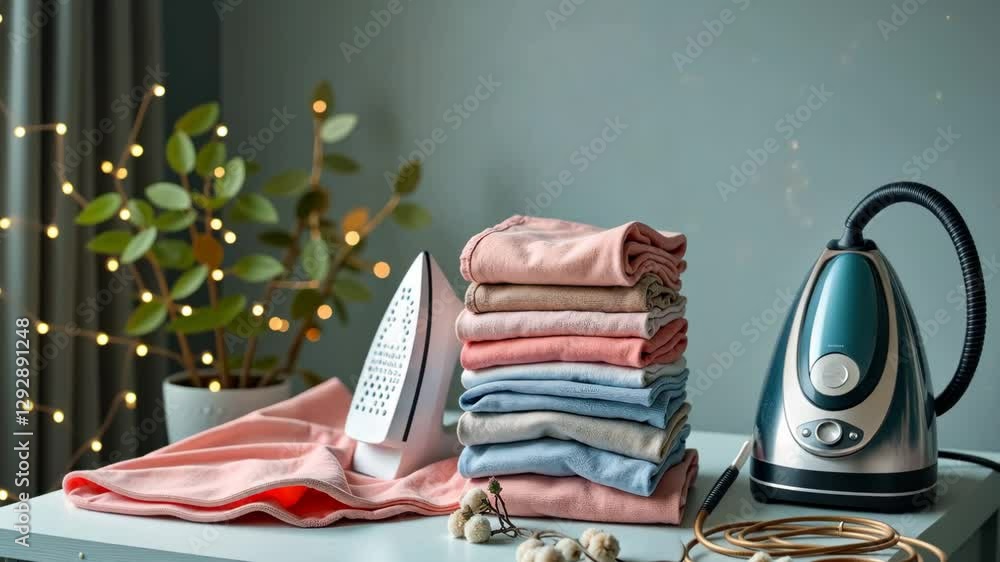 Poster a pile of clothes is stacked on a table next to an iron and a steam iron. there are also some clothe