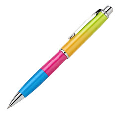 Naklejka premium A vibrant multicolored pen with metallic accents, featuring blue, pink, yellow, and green sections.