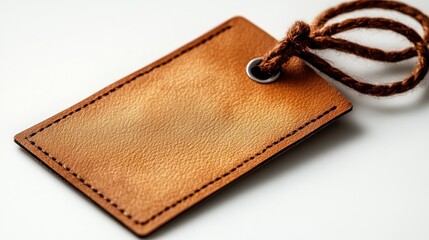 Blank leather tag, string, white background, retail mockup