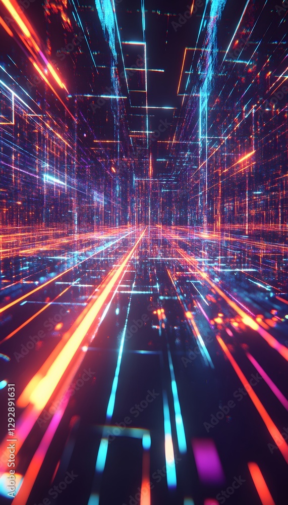 Poster digital lines create a futuristic corridor with perspective effect
