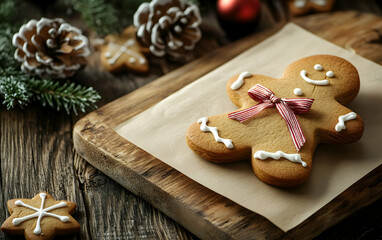 Fototapeta premium Delicious gingerbread cookie with icing and bow on rustic wooden table, perfect for holiday celebrations.