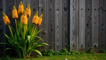 Broom plant in autumnal colors against a rustic wooden fence, wood, plants
