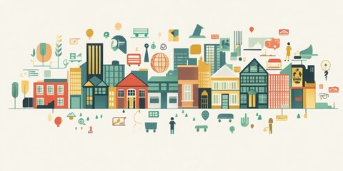 Obraz premium Urban Harmony: A Vibrant Cityscape illustration of various buildings with different architectural styles and details, showcasing a harmonious blend of urban life.