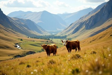 Brown and white Highland cattle roaming freely through a picturesque Scottish mountain valley, landscape, Scotland, wildlife