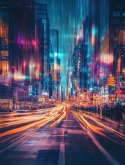 Obraz premium Vibrant urban road with visualized sound waves and dynamic lights creates an immersive atmosphere at night. Generative AI