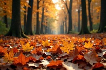 Burnt orange maple leaves scattered on forest floor, forest, trees