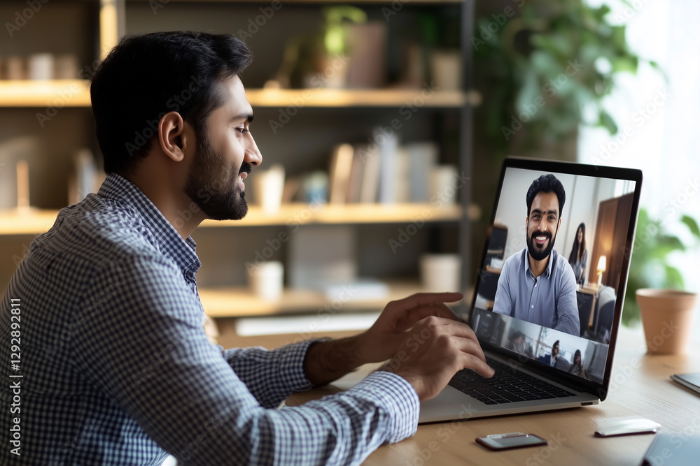 Aufkleber man is sitting at a desk with a laptop open and a video call is displayed on the screen. he is smili
