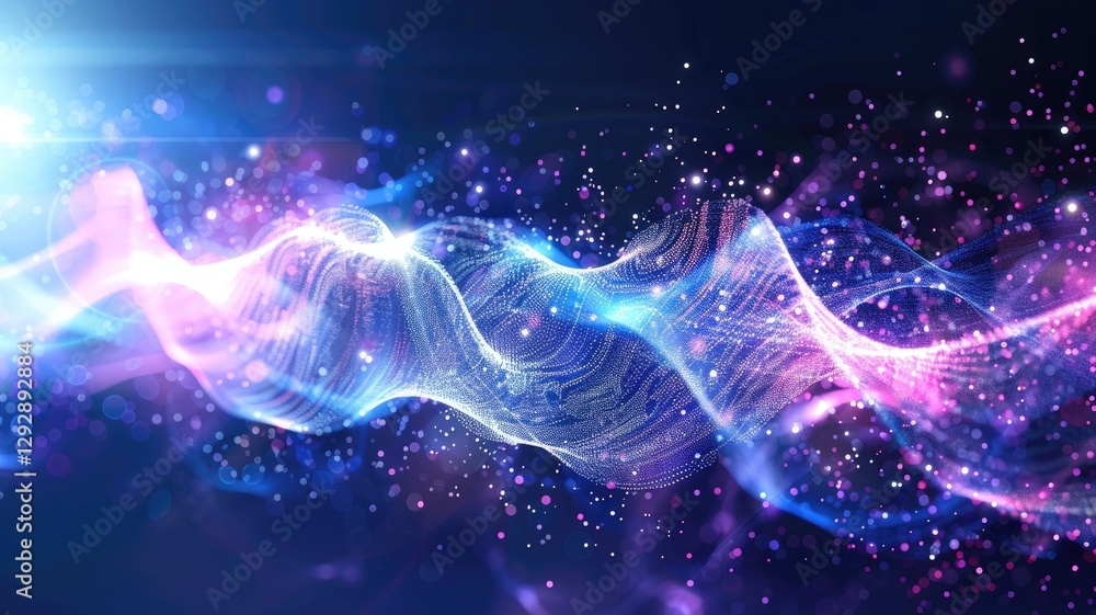 Poster This vibrant abstract image features colorful waves and glowing particles, creating a mesmerizing, ethereal atmosphere perfect for backgrounds and digital projects.