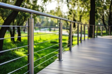 Fototapeta premium Metal pipe railings with steel cable mesh stainless steel fencing wooden dance floor galvanized wire railings in the park