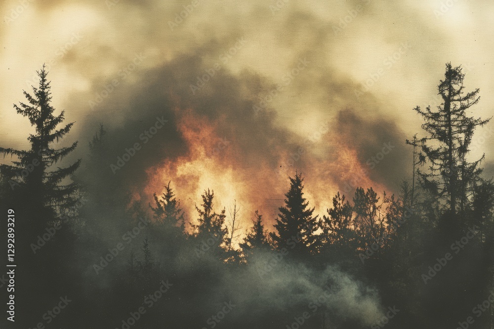 Poster forest engulfed in flames with thick smoke rising in the sky and warm tones creating a dramatic atmo