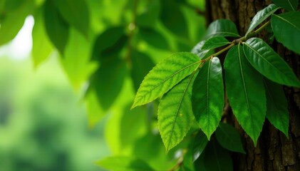 Dense foliage of neem leaves on a trunk with brown bark, organic, azadirachta indica, foliage