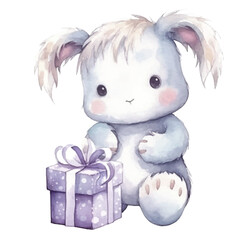 watercolors Cute unicorn holding gift box illustration