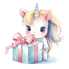 watercolors Cute unicorn holding gift box illustration