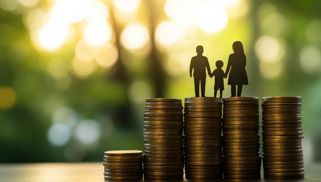 A Symbolic Representation of Financial Growth and Family Empowerment: A Silhouette Family of Three Standing on Stacked Coins Under a Warm Natural Sunlit Background