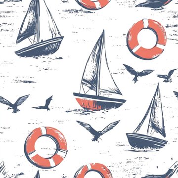 Travel Cartoon Drawing. Colorful nautical pattern with boats and lifebuoys.